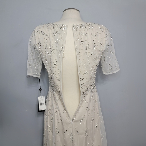 Adrianna Papell | Beaded Short Sleeve Tea Length Formal Dress - Picture 14 of 16
